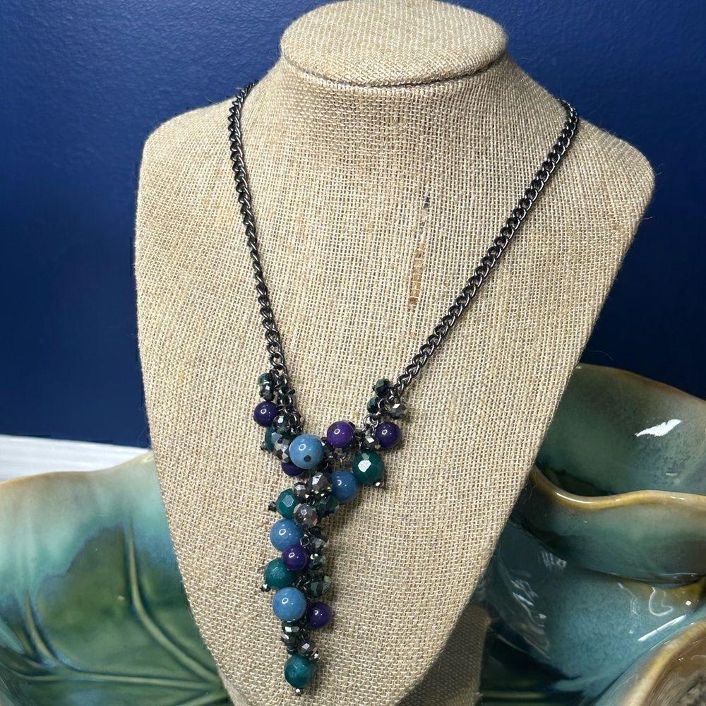 Kenneth Cole Green, Purple, & Gray Crystal Necklace w/ Gunmetal Gray Chain